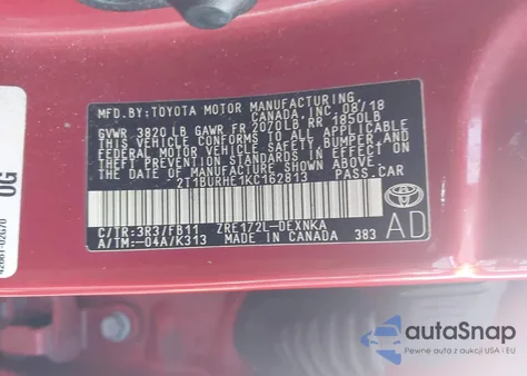 2019 Toyota Corolla Le z USA, uszkodzony, nr VIN 2T1BURHE1KC162813